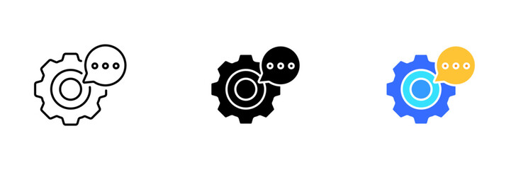 A file with an image of a gear or cogwheel with a speech bubble icon on a round white background. Vector set of icons in line, black and colorful styles isolated.
