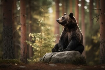 Big Brown Bear in Forest with Wildlife View and Natural Background
