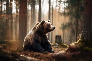 Big Brown Bear in Forest with Wildlife View and Natural Background