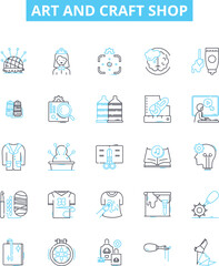 Art and craft shop vector line icons set. Supplies, Materials, Tools, Paints, Brushes, Canvas, Paper illustration outline concept symbols and signs
