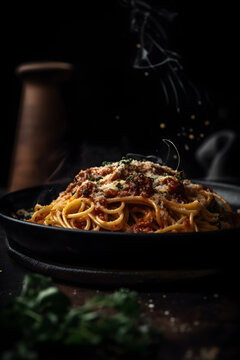 Delicious spaghetti served on a black plate. (Generative ai)