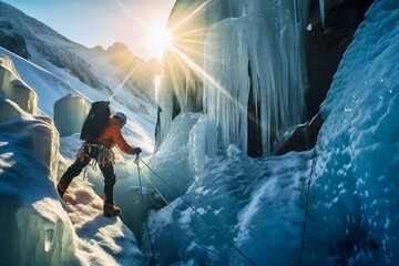 Climber Ascending Ice Wall on Annapurna, Ice Tools, Crampons Grip, Generative AI