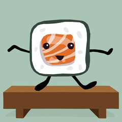 Illustration of a Sushi Character Dancing on a Sushi Board