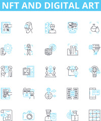 NFT and digital art vector line icons set. NFT, Digital, Art, Cryptocurrency, Blockchain, Digitalized, Marketplace illustration outline concept symbols and signs