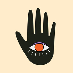 Abstract psychedelic hand with an eye illustration in 70s and 80s style. Hypnosis gypsy concept, trippy art. Esoteric hippie drawing. Groovy vector graphic.
