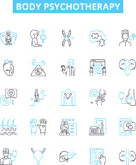 Fototapeta na wymiar Body psychotherapy vector line icons set. Bodywork, Psychotherapy, Therapeutic, Counselling, Somatic, Energy, Trauma illustration outline concept symbols and signs