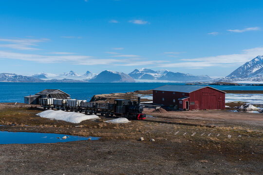 Old steam train, Ny-Alesund, used for mining in the past, Spitsbergen, Svalbard Islands, Arctic, Norway