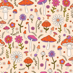 Seamless pattern with colorful groovy flowers and mushrooms in 70s and 60s style. Vintage hippie background. Psychedelic seventies texture. Vector illustrations.