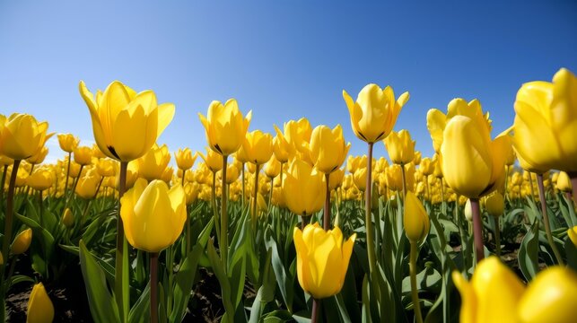 A bright and cheerful image of a yellow tulip field under a clear blue sky. Generative AI