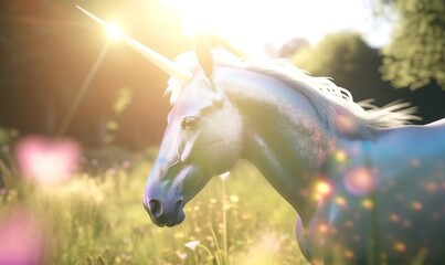 Naklejka na ściany i meble Mythical unicorn in nature. fairy tale magical unicorn. inspiring dreamy digital illustration. generative ai