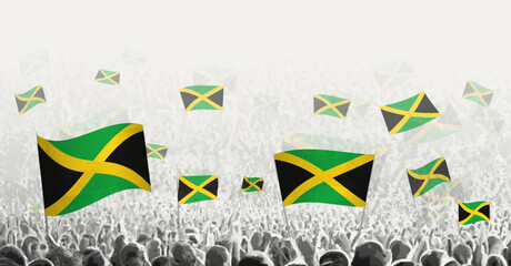 Abstract crowd with flag of Jamaica. Peoples protest, revolution, strike and demonstration with flag of Jamaica.