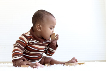 Adorable six month crawling African American baby playing with wooden developmental toys on fluffy...