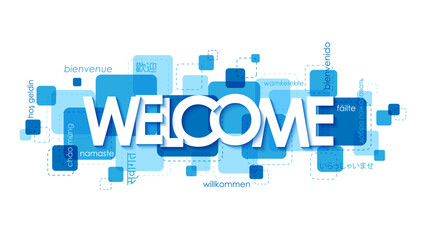 WELCOME typography on blue square with translations into various languages