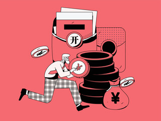 Festival shopping for e-commerce online shopping people holding flat arrow volume concept operation hand-drawn illustration
