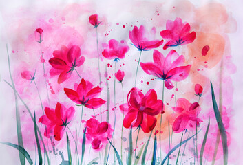  Abstract flowers watercolor on colorful artistic background with paint splashes. Hand drawn bright pink-red blooms and buds, botanical art. Stylized floral elements of fantasy blossoms for design.