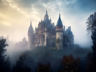 Fototapeta premium ethereal misty castle, captivating fairytale art, atmospheric medieval fortress, generative AI 