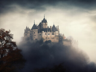 foggy castle fantasy, alluring medieval fortress in mist, evocative landscape illustration, generative AI
