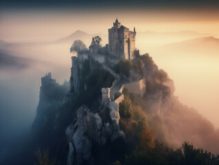otherworldly foggy castle, mesmerizing fantasy landscape, atmospheric medieval stronghold, generative AI
