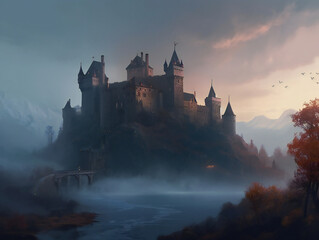 Fototapeta premium fog-enshrouded castle, captivating fairytale landscape, magical fortress illustration, generative AI 