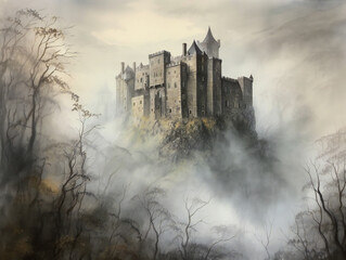 Naklejka premium mysterious misty castle, breathtaking medieval illustration, enchanting foggy fortress, generative AI 