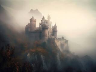 ethereal castle in mist, stunning fantasy illustration, atmospheric medieval scene, generative AI
