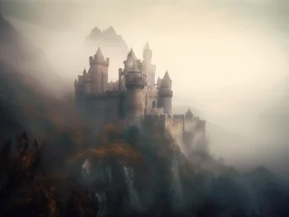 Fotobehang ethereal castle in mist, stunning fantasy illustration, atmospheric medieval scene, generative AI  © Marcos