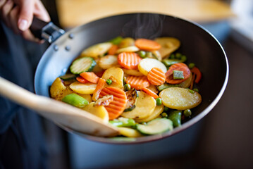 cooking tasty vegetable mix in pan on kitchen