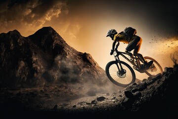 Side view of cyclist riding on a bike on mountain at sunset. Generative AI