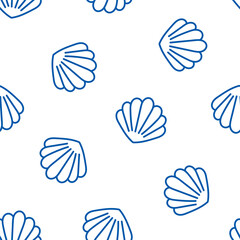 Seamess pattern with outline blue seashell