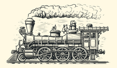 Hand drawn moving retro train, sketch. Vintage steam locomotive transport in style of old engraving. Vector illustration - obrazy, fototapety, plakaty