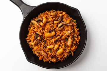 Octopus fried rice on white background