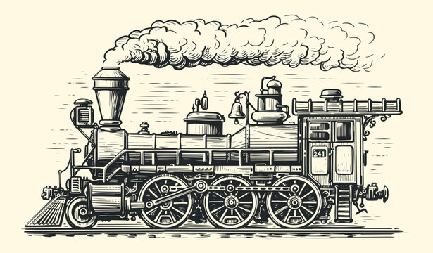 Hand drawn moving retro train, sketch. Vintage steam locomotive transport in style of old engraving. Vector illustration