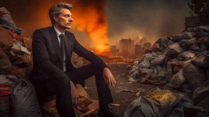 Bankrupt businessman sits on garbage, smoke and fire around, collapse, riots, burning Paris. ai generative