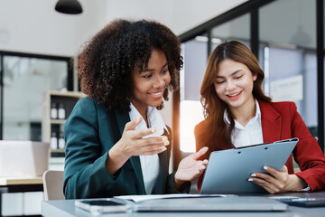 Multiethnic business, Beautiful American African with asian businesswomans people in meeting....