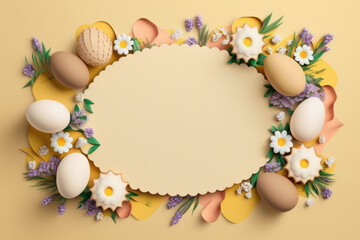 Naklejka na ściany i meble Easter frame and decor made of polymer clay and paper. Easter eggs and flowers with copy space on yellow background. Illustration generated by AI.
