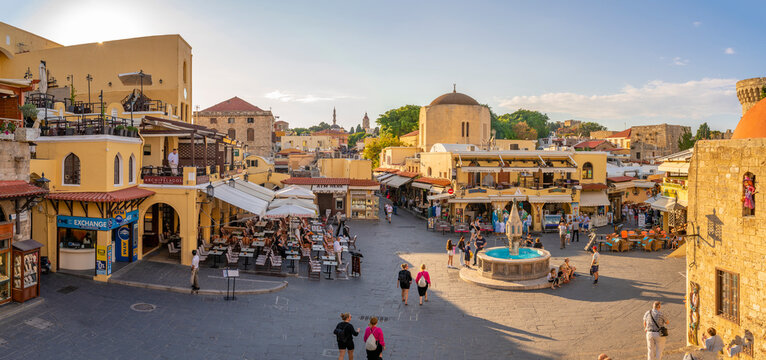 View of Hippocrates Square, Old Rhodes Town, UNESCO World Heritage Site, Rhodes, Dodecanese, Greek Islands