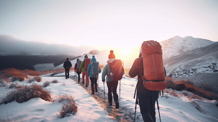 Group of hikers walking on a trail in the snow. Generative Ai