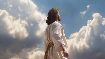 Fototapeta na wymiar Back view of Jesus looking at the sky. Generative Ai