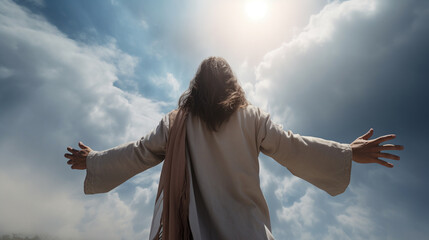 Back view of Jesus looking at the sky. Generative Ai