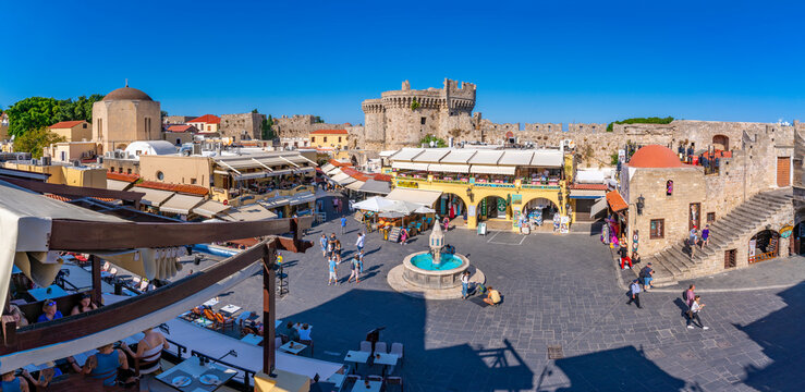 View of Hippocrates Square from elevated position in Rhodes Old Town, Rhodes, Dodecanese Island Group, Greek Islands
