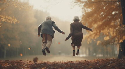 Back view of senior couple jumping outdoors. Generative Ai