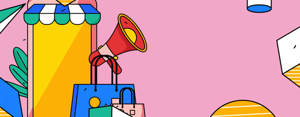 Festival shopping for e-commerce online shopping people holding flat arrow volume concept operation hand-drawn illustration
