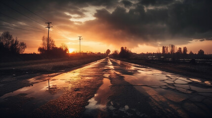 Asphalt road in the countryside at sunset. Generative Ai