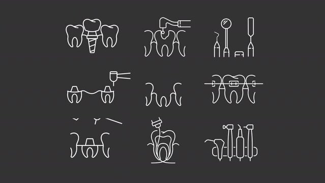 Animated dentistry white line icons. Examination instruments. Teeth treatment. Loop HD video with alpha channel on transparent background, black solid background. Outline motion graphic animation