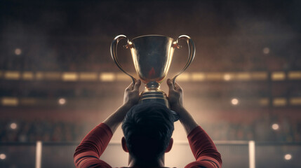 Sportsman holding trophy against view of stadium. Generative Ai