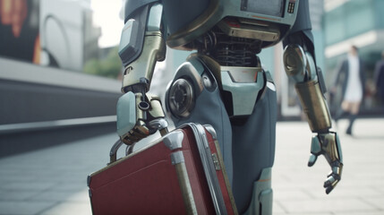 Fototapeta premium Robot with briefcase in the city. Generative Ai