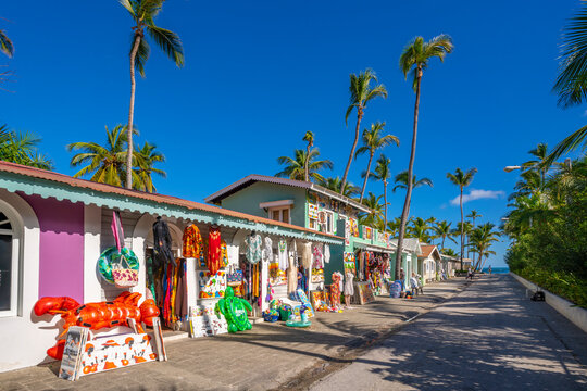 View of colourful shops on Bavaro Beach, Punta Cana