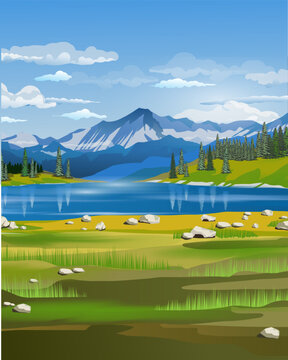 Beautiful spring landscape with an blue lake, forest, mountains, clouds and a large spruce in the foreground. Landscape background for your arts