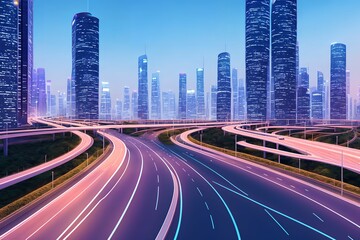Obraz premium futuristic modern future city with highway road, generative art by A.I.