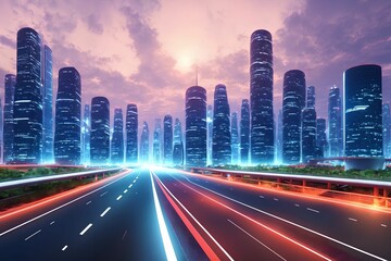 Obraz premium futuristic modern future city with highway road, generative art by A.I.